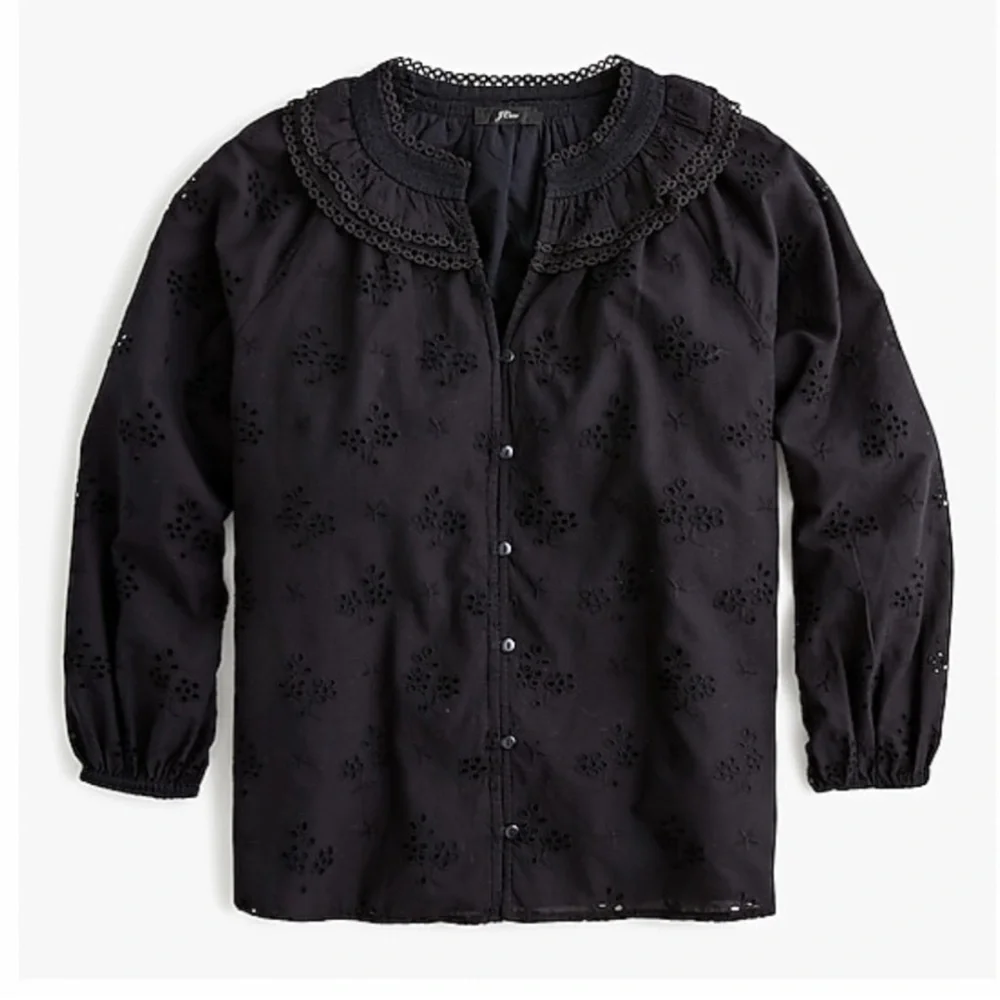 J Crew Black Eyelet Button Front Peasant Top NWT Size Medium